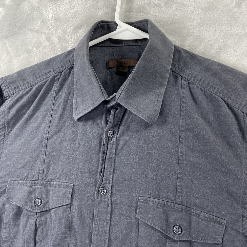 Reiss Shirt men's Large Button Up Dark Gray Faded Casual Cotton Flap Pockets - Picture 2 of 12